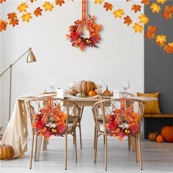 2 Pcs 9" Mini Fall Wreaths for Front Door Autumn Maple Leaf Wreath with Rustic - Picture 5 of 7